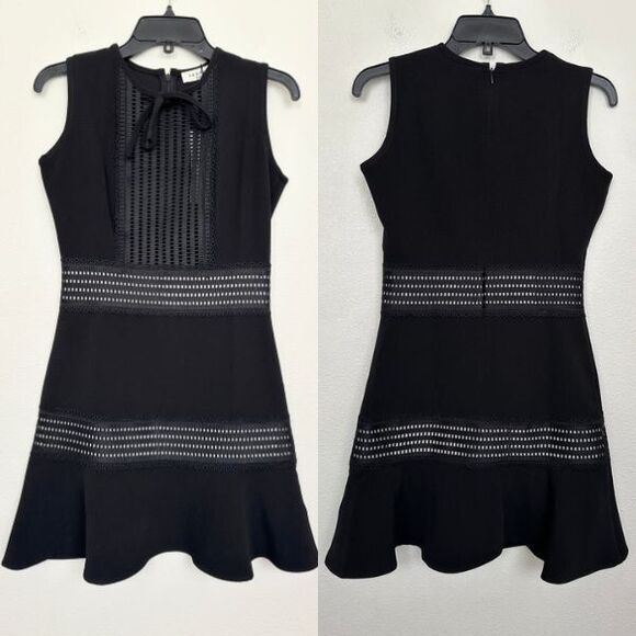 Sandro Emelie Lace Band Eyelet Dress A-Line Sleeveless Bow Black Women's 2 NEW - Picture 1 of 13